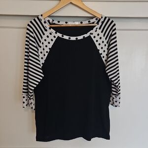Black and White Top With Striped Sleeves